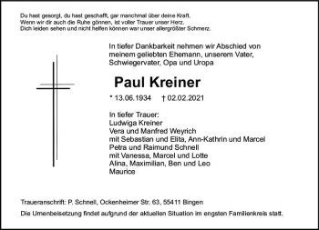 Traueranzeige von Paul Kreiner von vrm-trauer