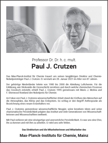 Traueranzeige von Paul J. Crutzen von vrm-trauer