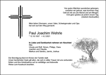 Traueranzeige von Paul Joachim Wehrle von vrm-trauer