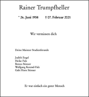Traueranzeige von Rainer Trumpfheller von vrm-trauer