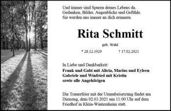 Traueranzeige von Rita Schmitt von vrm-trauer