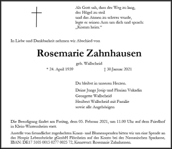 Traueranzeige von Rosemarie Zahnhausen von vrm-trauer