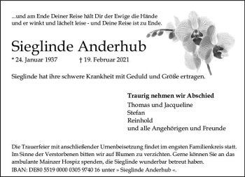 Traueranzeige von Sieglinde Anderhub von vrm-trauer
