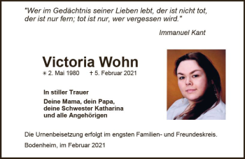 Traueranzeige von Victoria Wohn von vrm-trauer