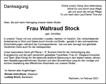 Traueranzeige von Waltraud Stock von vrm-trauer