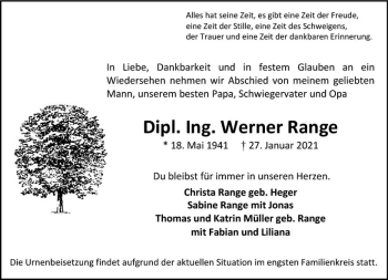 Traueranzeige von Werner Range von vrm-trauer