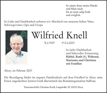 Traueranzeige von Wilfried Knell von vrm-trauer