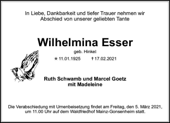 Traueranzeige von Wilhelmina Esser von vrm-trauer