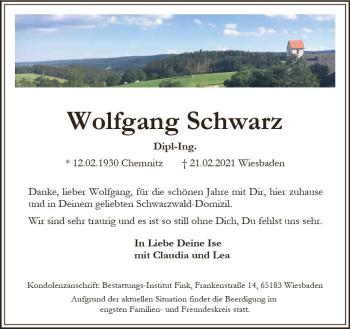 Traueranzeige von Wolfgang Schwarz von vrm-trauer