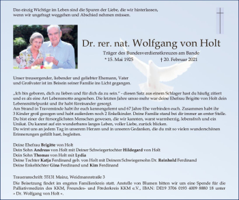 Traueranzeige von Wolfgang von Holt von vrm-trauer