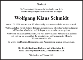 Traueranzeige von Wolfgang Klaus Schmidt von vrm-trauer