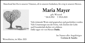 Traueranzeige von Maria Mayer von VRM Tageszeitungen