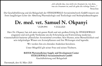 Traueranzeige von Dr. med. vet. Samuel N. Okpanyi von VRM Tageszeitungen