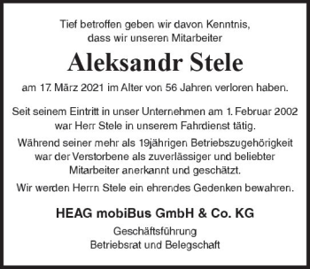 Traueranzeige von Aleksandr Stele von vrm-trauer