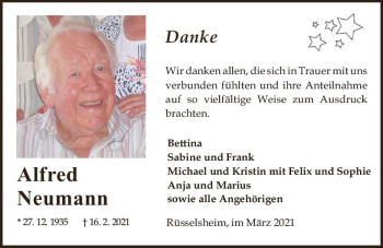 Traueranzeige von Alfred Neumann von vrm-trauer
