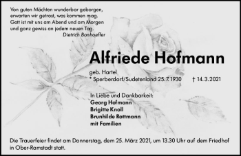 Traueranzeige von Alfriede Hofmann von vrm-trauer