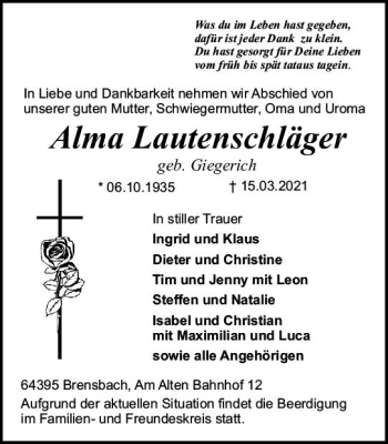 Traueranzeige von Alma Lautenschläger von vrm-trauer