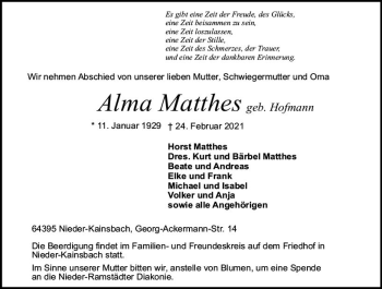 Traueranzeige von Alma Matthes von vrm-trauer