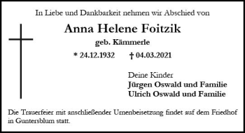 Traueranzeige von Anna Helene Foitzik von vrm-trauer