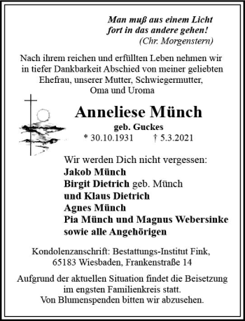 Traueranzeige von Anneliese Münch von vrm-trauer