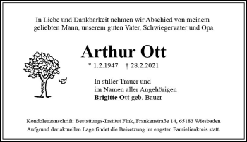 Traueranzeige von Arthur Ott von vrm-trauer