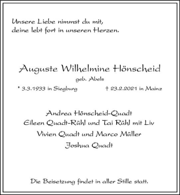 Traueranzeige von Auguste Wilhelmine  Hönscheid von vrm-trauer
