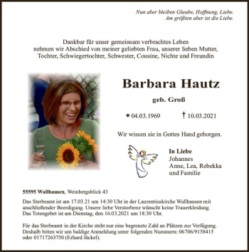 Traueranzeige von Barbara Hautz von vrm-trauer