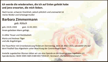 Traueranzeige von Barbara Zimmermann von vrm-trauer