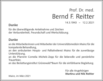 Traueranzeige von Bernd F. Reitter von vrm-trauer