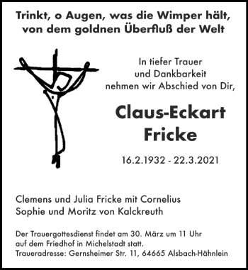 Traueranzeige von Claus-Eckart Fricke von vrm-trauer