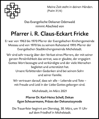 Traueranzeige von Claus-Eckart Fricke von vrm-trauer