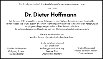 Traueranzeige von Dieter Hoffmann von vrm-trauer