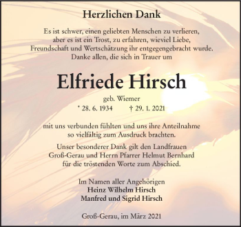 Traueranzeige von Elfriede Hirsch von vrm-trauer