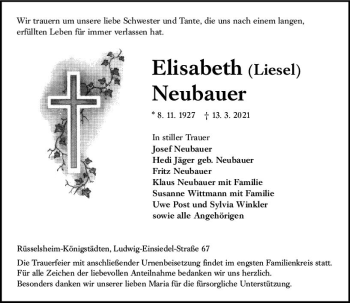 Traueranzeige von Elisabeth Neubauer von vrm-trauer