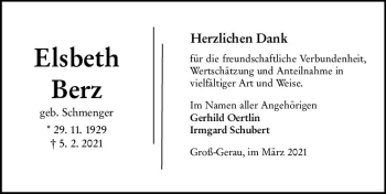 Traueranzeige von Elsbeth Berz von vrm-trauer