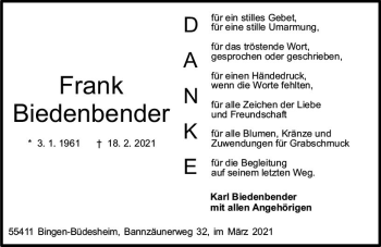 Traueranzeige von Frank Biedenbender von vrm-trauer