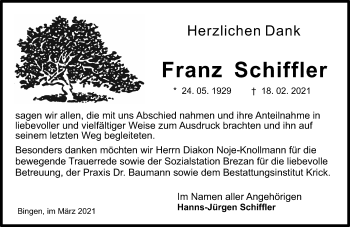 Traueranzeige von Franz Schiffler von vrm-trauer