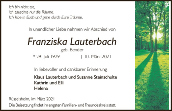 Traueranzeige von Franziska Lauterbach von vrm-trauer