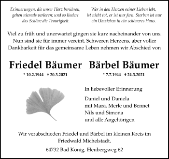 Traueranzeige von Friedel Bäumer von vrm-trauer