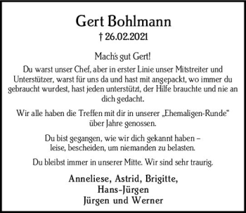 Traueranzeige von Gert Bohlmann von vrm-trauer