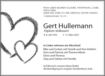 Traueranzeige von Gert Hullemann von vrm-trauer
