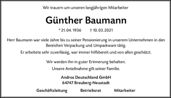 Traueranzeige von Günther Baumann von vrm-trauer