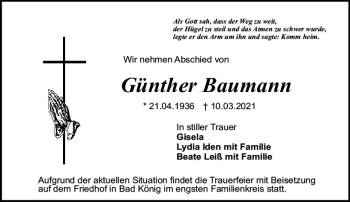 Traueranzeige von Günther Baumann von vrm-trauer