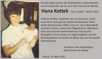 Traueranzeige von Hana Kottek von vrm-trauer