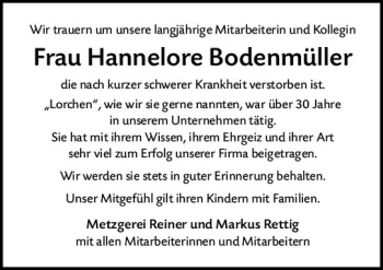 Traueranzeige von Hannelore Bodenmüller von vrm-trauer