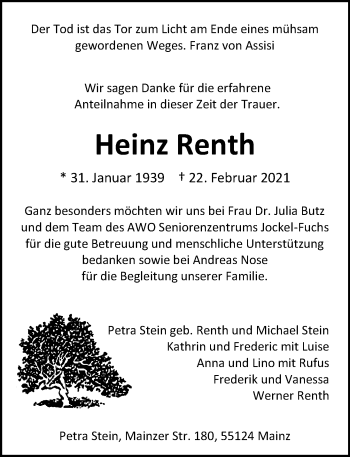 Traueranzeige von Heinz Renth von vrm-trauer