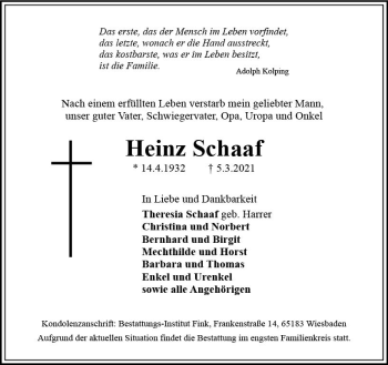 Traueranzeige von Heinz Schaaf von vrm-trauer