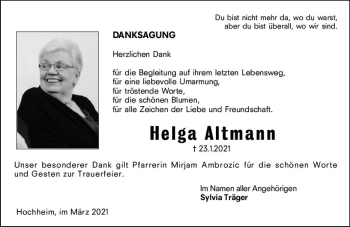 Traueranzeige von Helga Altmann von vrm-trauer