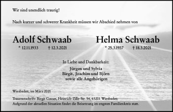 Traueranzeige von Helma Schwaab von vrm-trauer