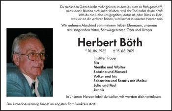 Traueranzeige von Herbert Böth von vrm-trauer